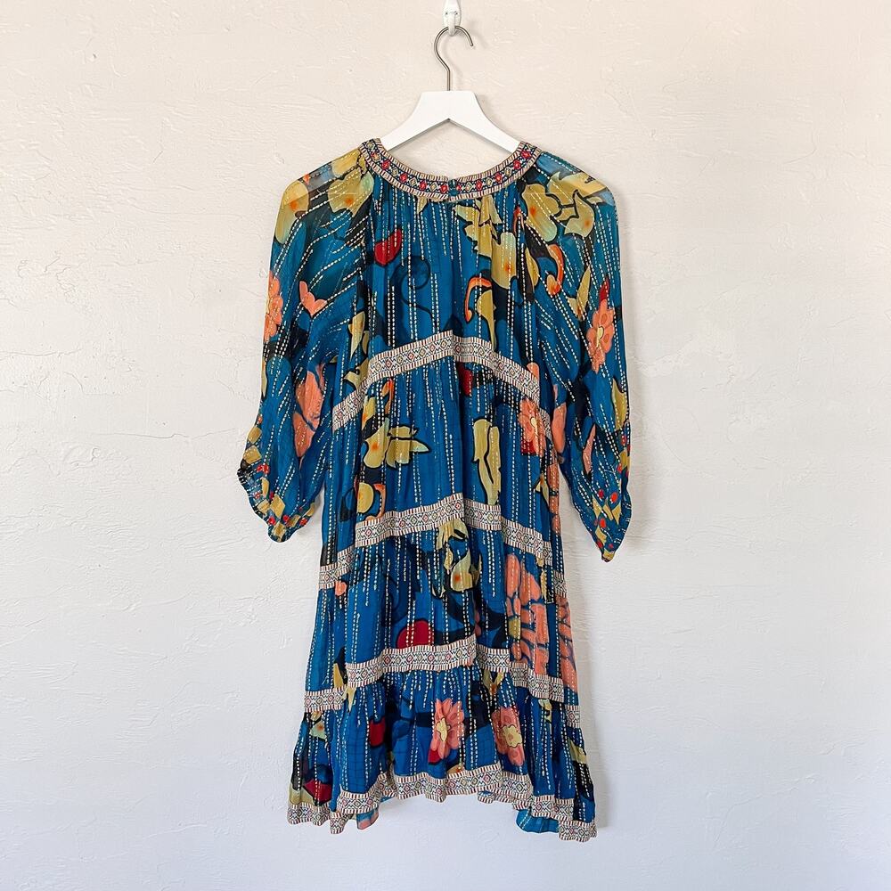 Verb Pallavi Singhee Eulalia Blue Shimmer Tunic Dress 4 Boho Metallic Anthro - Picture 6 of 6